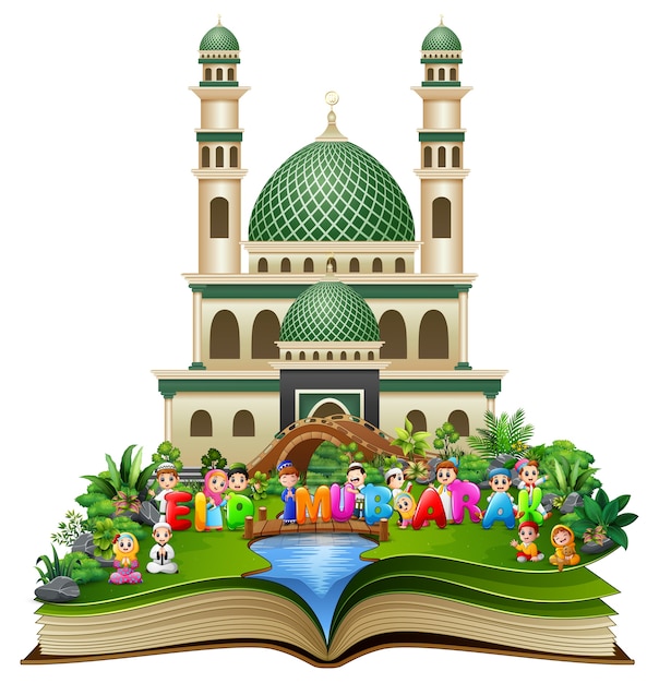 Libro aperto con felici bambini islamici