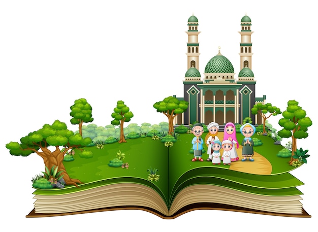 Vettore apra il libro con la famiglia musulmana felice davanti ad una moschea