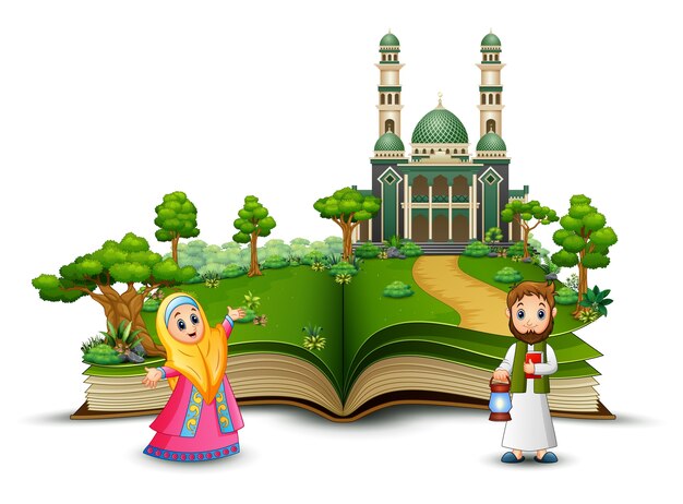 モスクの前にハッピーイスラム教徒の家族と開いている本