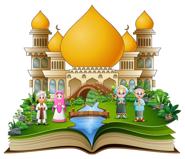 Open book with happy muslim family