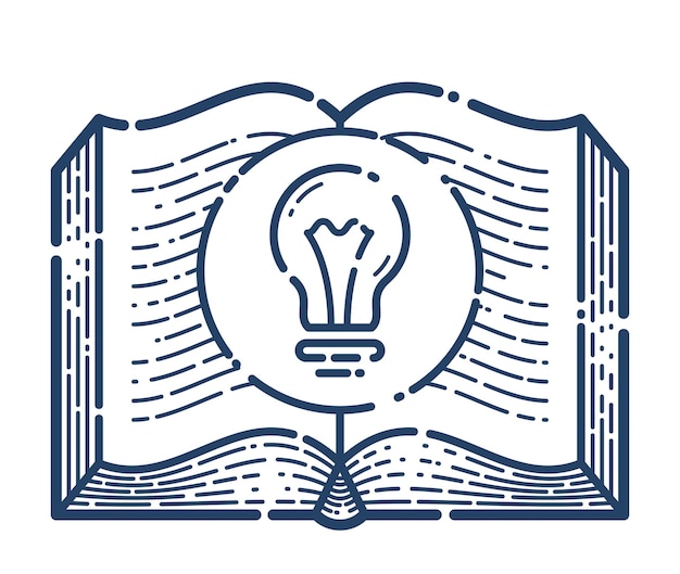 Open book with idea light bulb vector linear icon, education and scientific literature library reading line art symbol or logo.