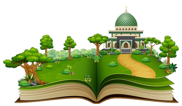 Open book with islamic mosque in the park