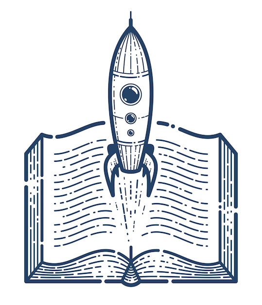 Open book with launching rocket vector linear icon, missile start up from text, space scientific literature library reading line art symbol or logo.