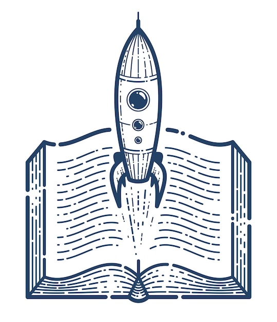 Открытая книга с линейным значком вектора запуска ракеты, запуск ракеты из текста, библиотека космической научной литературы, читающая штриховой символ или логотип.