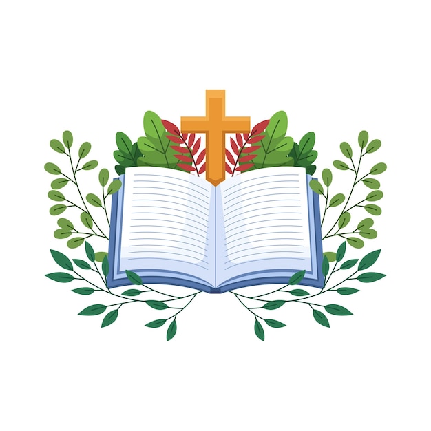 An open book with leaves and a cross