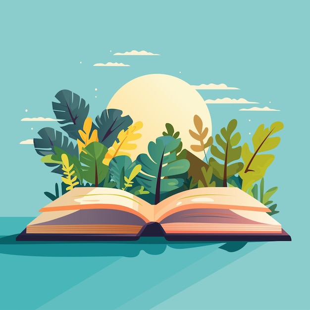 Vector open book with leaves and sun vector illustration