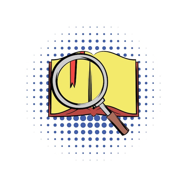 Open book with loupe comics icon book with red bookmark isolated on a white