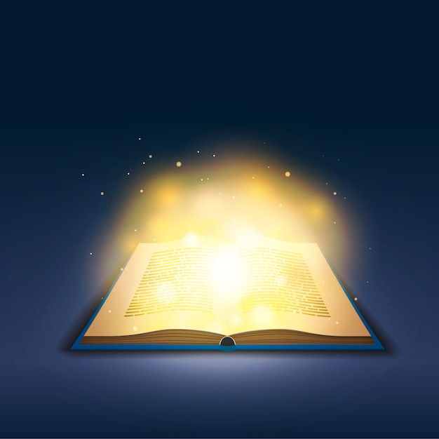 Open book with magic golden light on dark