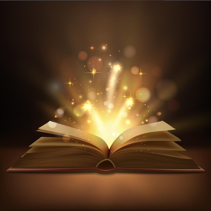 Vector open book with magic lights realistic design