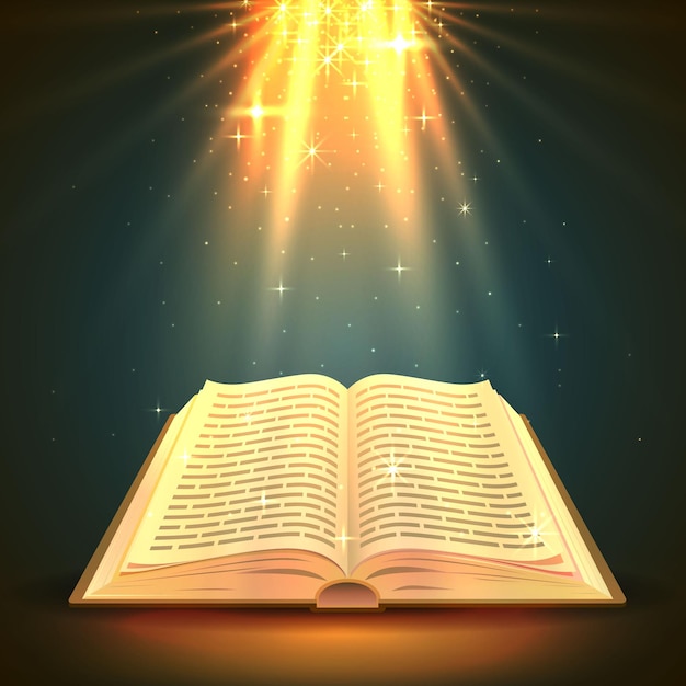 Vettore libro aperto con luce magica, oggetto religioso. illustrazione vettoriale