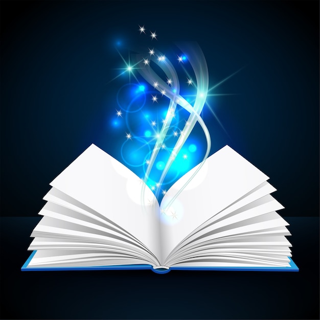 Open book with mystic bright light on dark background. Magic poster  illustration