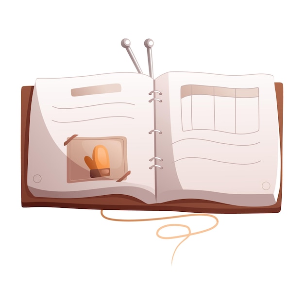 An open book with a picture of mittens and knitting needles on the background. detailed vector illustration.