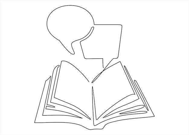 Open book with speech bubble marks continuous line drawing book pages