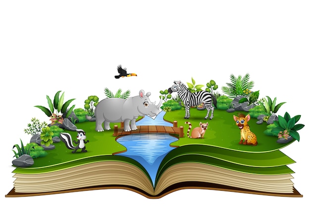 Открытая книга с мультяшным животным, играющим в реке