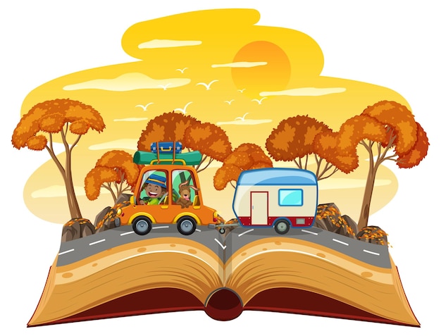 Vector open book with travelling car on the road in the desert scene