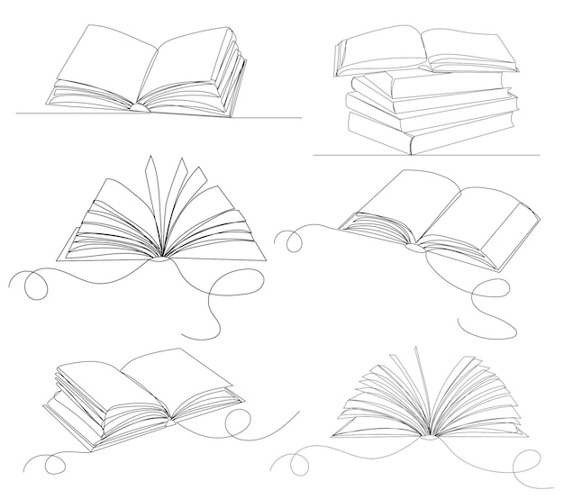 Open books set drawing by one continuous line vector