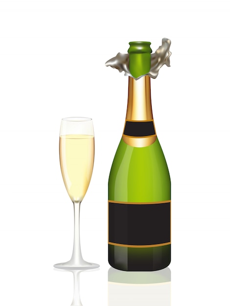 Open a bottle of champagne and champagne glass  on white background. Vector illustration