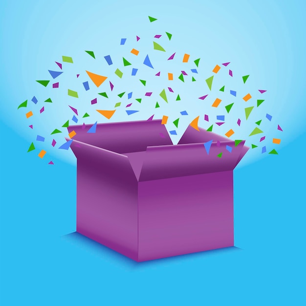 Open box with a gift and confetti vector image of a surprise for birthday or christmas holiday explosion in a gift