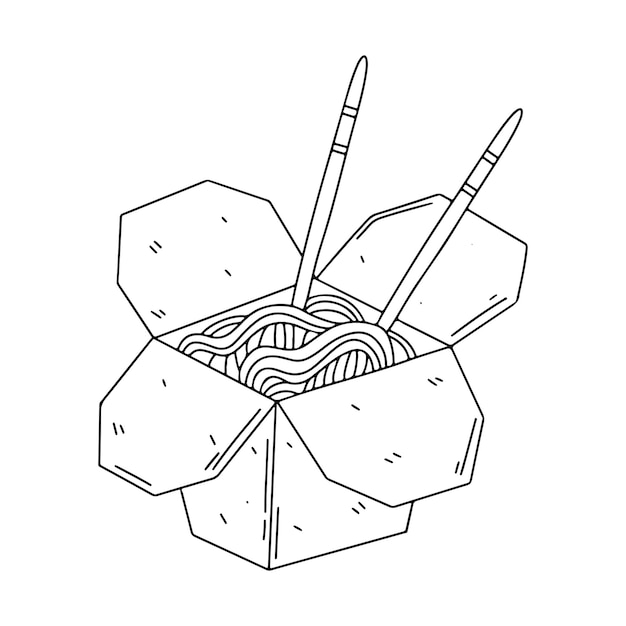 Open box with noodles in hand drawn doodle style. chopsticks in noodles. asian street meal