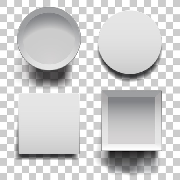 Open boxes with lids set on squared background White round and square boxes with shadows template