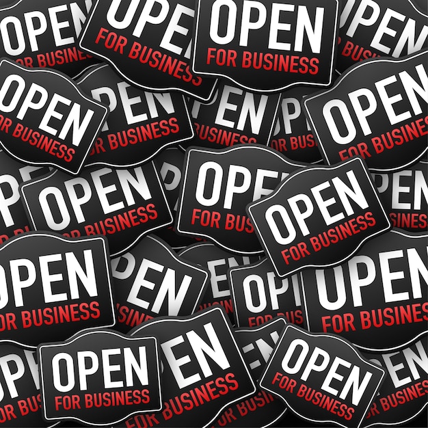 Vector open for business hanging sign sticker pattern. sign for door. vector illustration.