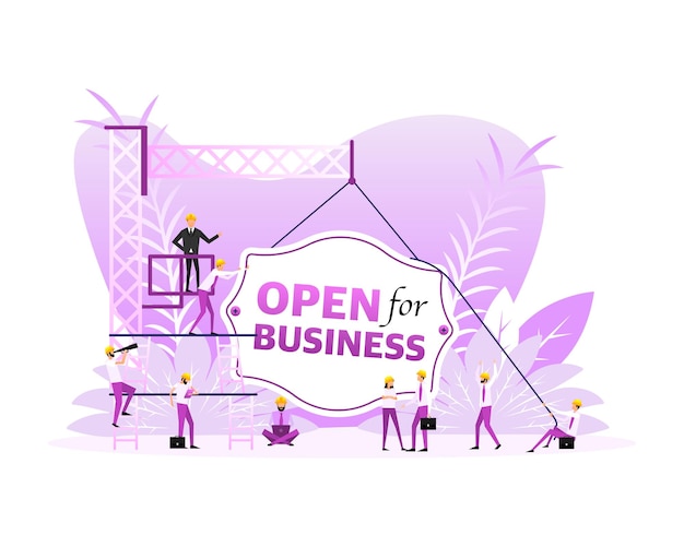 Open for business sign door many people Vector illustration