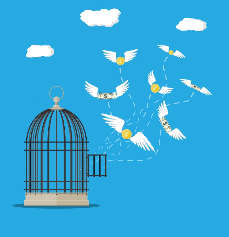 Vector open cage with flying dollar bills and coins