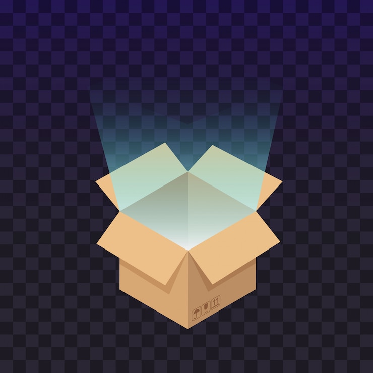 Vector open cardboard box with the bright rays of light. flat illustration isolated.