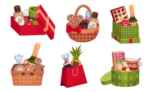 Open Carton Gift Box Full with Tasty Presents and Holiday Treats Vector Set