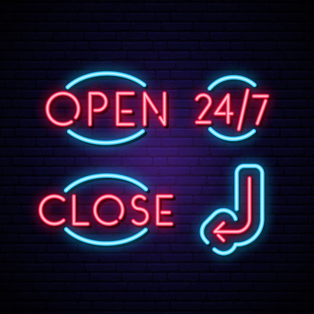 Open, close, 24/7 and arrow neon signs.