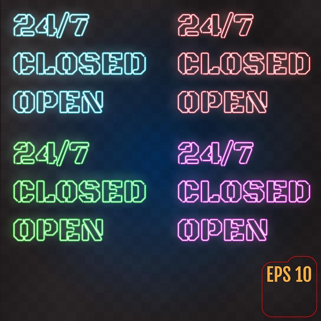 Vector open closed 247 hours neon light on brick wall 24 hours night club  bar neon sign vector illustration