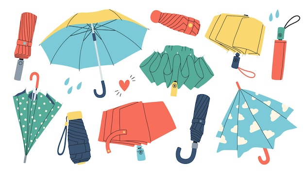 Vector open closed and folded umbrellas set rain protection for rainy weather protecting accessories