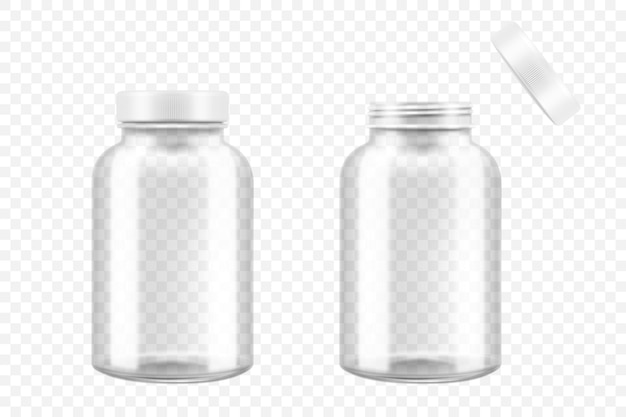 Open and closed glass medical pill bottle, 3d realistic vector illustration. Mock Up Template set of drugs for pills, capsules, medicines isolated on white background