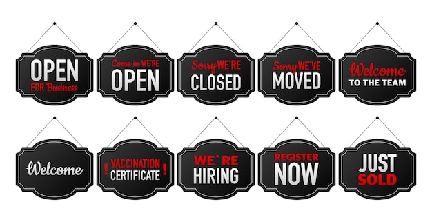 Open or closed and other business sign boards Door sign for cafe restaurant bar or retail store