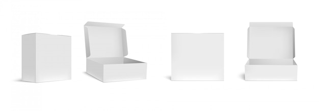 Scatola bianca aperta e chiusa. scatole d'imballaggio aperte, pacchetto rettangolare vuoto ed insieme realistico dell'illustrazione dei pacchetti 3d. contenitori vuoti quadrati, raccolta di clipart degli imballaggi in cartone