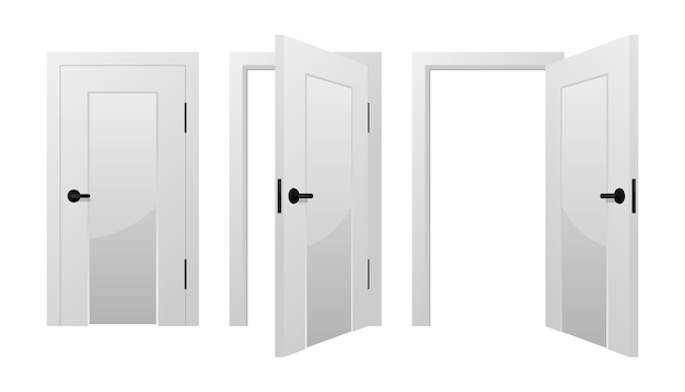 Vettore porta realistica bianca aperta e chiusa entrata porta realistica isolata su sfondo bianco facciata