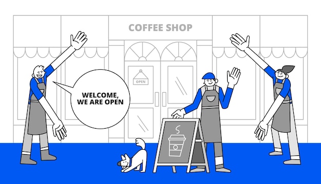 Open Coffee Shop Hand Drawn Character Illustration