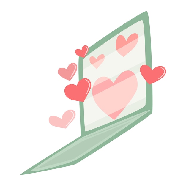 An open computer with hearts, coming out from screen. Online romantic messaging concept.