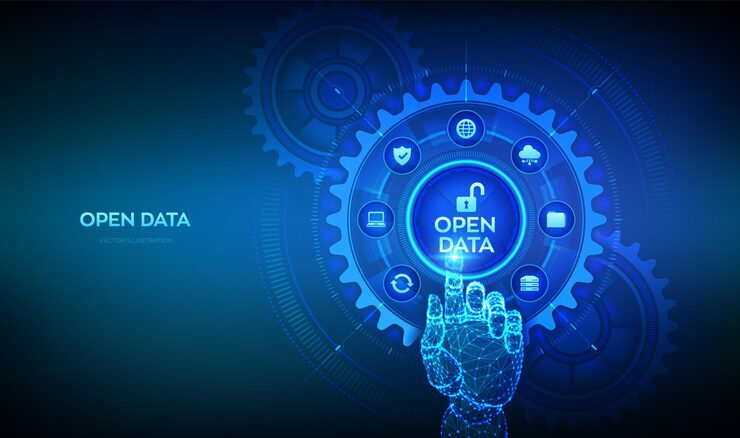 Vector open data database digital file storage system online documentation database technology concept dms integration api hand touching digital interface with connected gears cogs and icons vector