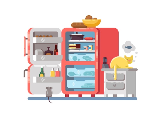 Open de koelkast met voedsel in de keuken. in de buurt van een dromende kat. vector illustratie