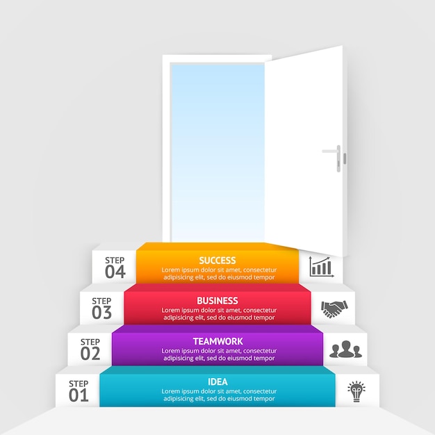 Open deur op trappen opstarten infographic sjabloon zakelijk idee grafiek 4 stappen