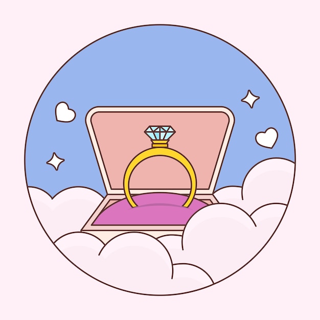 Open diamond ring box with flying hearts and clouds in blue circle background