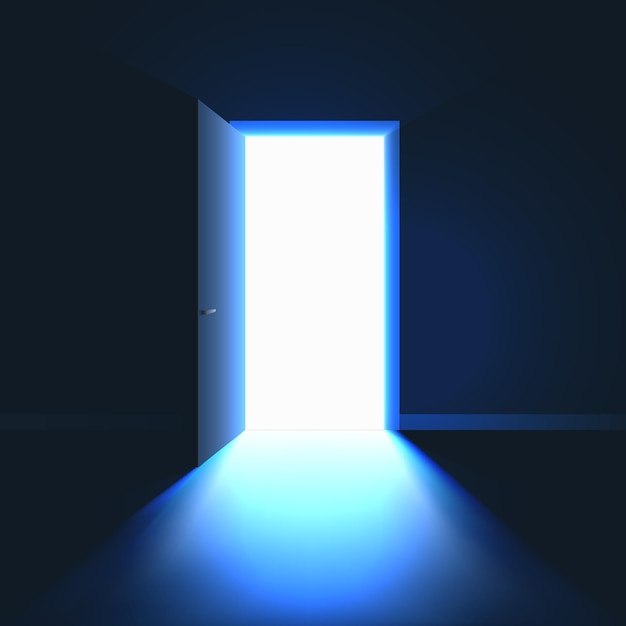 Vector open door in dark room. light in room through open door.