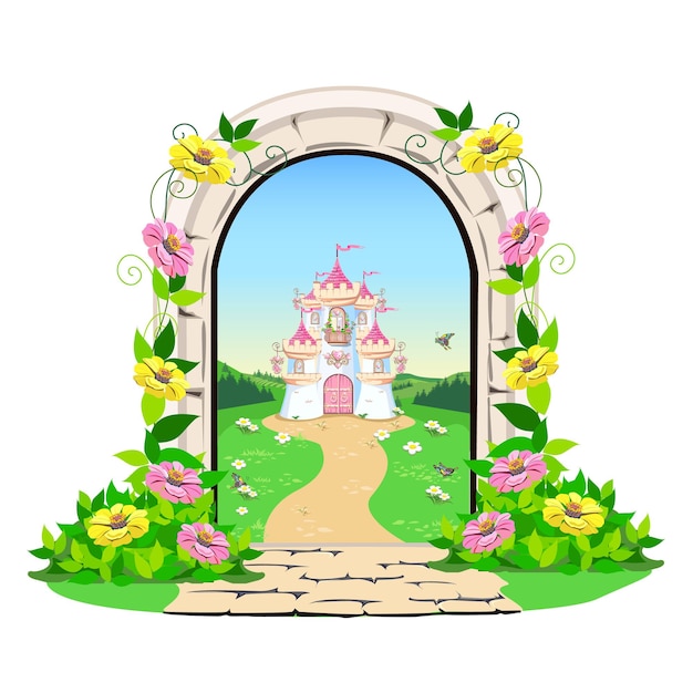 Vector open door to fairyland with princess castle