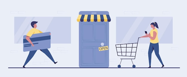 Open the door to online shopping illustration.