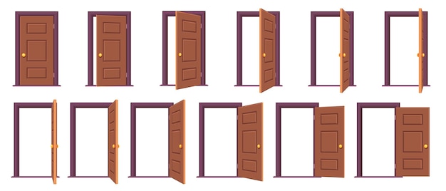 Open door sequence Cartoon steps for animation of entrance and exit through door white frames for sprite game asset Vector isolated set