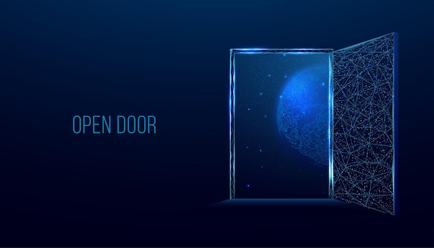 Vector open door to space universe banner with glowing low poly door on dark blue background wireframe low poly design abstract futuristic vector illustration