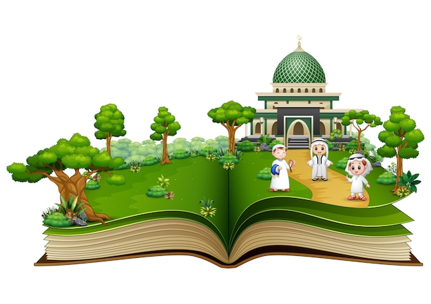 Open een boek met een groep gelukkige moslims