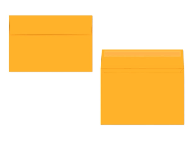 Open en gesloten zelfzegel oranje papieren envelop geïsoleerd op een witte achtergrond vector mockup