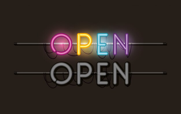 Vector open en sluit het neonlichtlabel van lettertypen